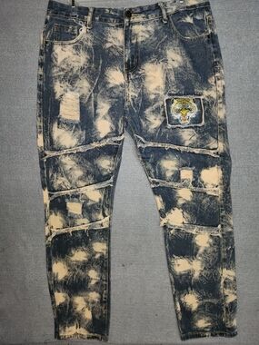 Bleached Distressed Men's Jeans with Tiger Patch - Black/Cream #355